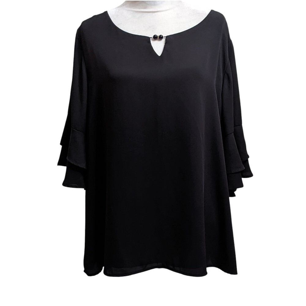 Roz & Ali Blouse Black Keyhole Front Dressy Relaxed Roomy Sleeve Ruffle 3X